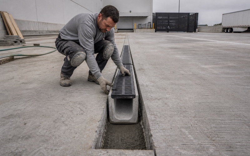 A trench drain channel being set into a formed slot across a commercial drive lane in Temple, with a loading dock apron beyond.