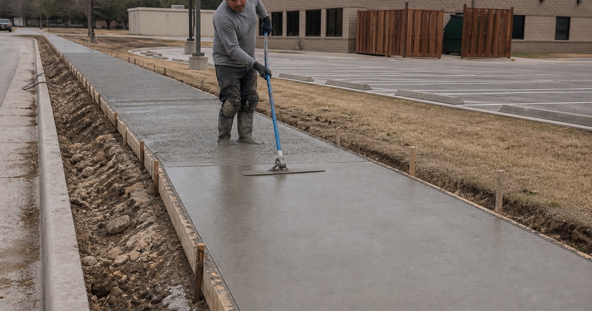 A new frontage sidewalk being bull floated the length of a commercial property in Belton, running from a fresh approach apron at the property line.