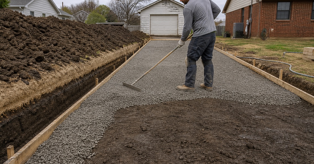 A Cameron driveway excavation where nine inches of pale sandy loam has been stripped off dark clay, crushed base being raked over the exposed clay.