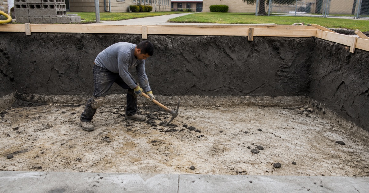 The floor of a pad excavation on the Fort Hood installation, where about three feet of dark clay stands on hard unbroken bedrock.