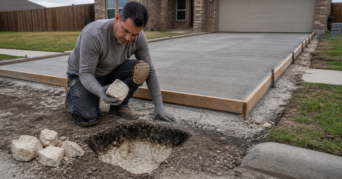 An open subgrade test hole in Hewitt with soft cream chalk within a foot, and a pale lime treated strip already mixed in behind the back of curb.