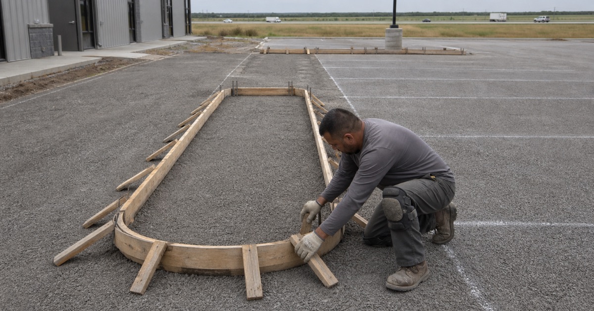A parking lot island and its curb being formed in Jarrell before the pour, with the drive lane, curb cut and I-35 frontage business park behind.