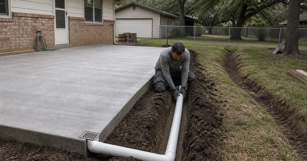 An outlet pipe being laid from a patio area drain in McGregor out to a re-cut grassed swale, carrying runoff to the same low point as before.