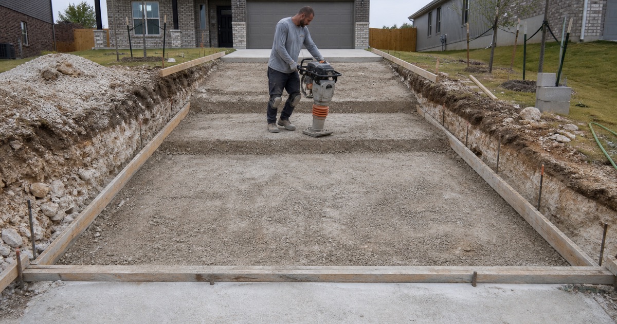 Base being compacted in lifts inside a formed drive approach in Nolanville, with a cemented caliche pan showing about a foot down in the cut.