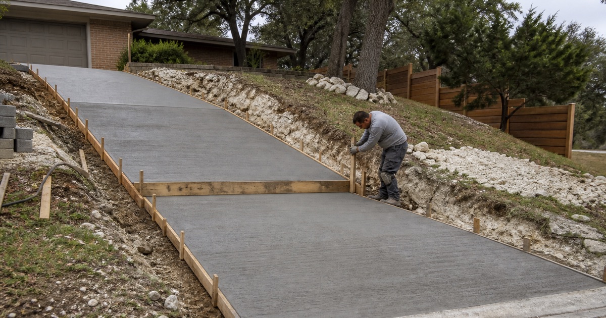 A driveway being cut into a steep Woodway lot, shallow soil over pale chalk in the bench face and stepped forms running down the fall.