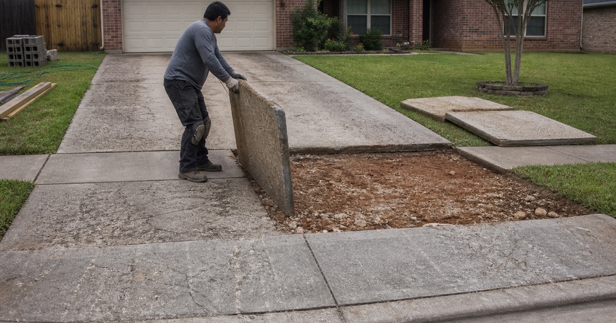 A twenty-year-old driveway in Killeen being taken out in sawn panels, pale limestone showing close under the slab.