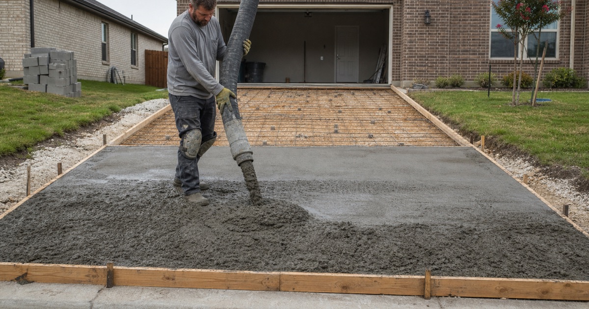 Ready mix being placed into formed driveway bays in Temple from a pump hose, the struck-off area behind and reinforcing on chairs ahead.