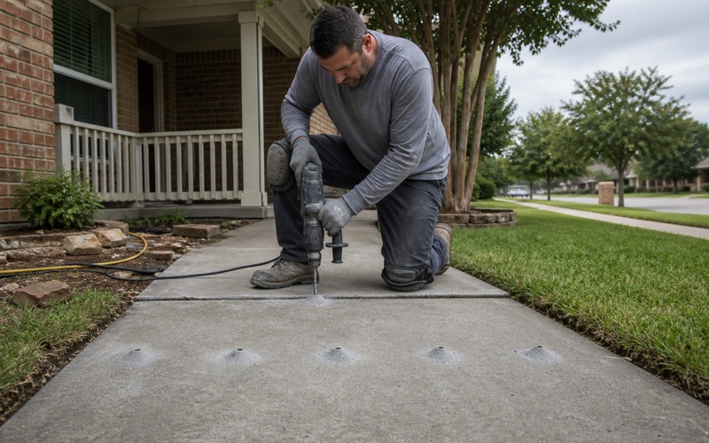 Injection ports being drilled across a settled front walk in Temple, a visible lip standing at the joint where one panel has dropped.
