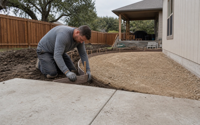 A curved patio being formed in Temple with flexible form board bent to the radius, the base course and turndown trench inside it.