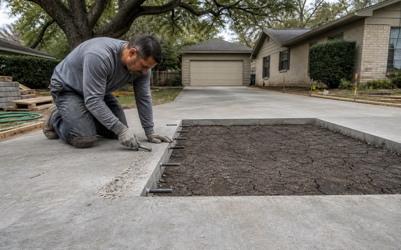 Dowel bars being set into the sawn edge of a sound driveway panel in Temple, the failed panel removed and the subgrade open below.