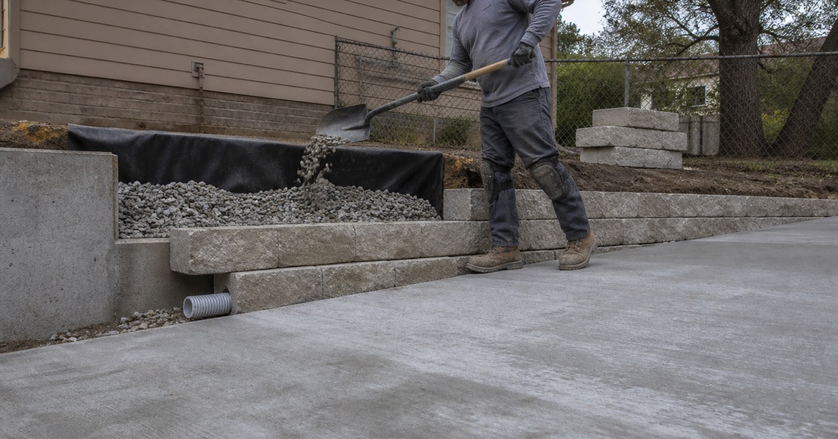Drainage stone being shoveled in behind a part-built block retaining wall in Temple, filter fabric up the back and an outlet pipe at the low end.