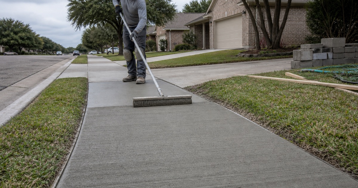 A replaced public sidewalk panel in Temple being broom finished to match the cured panels each side, at the same width as before.