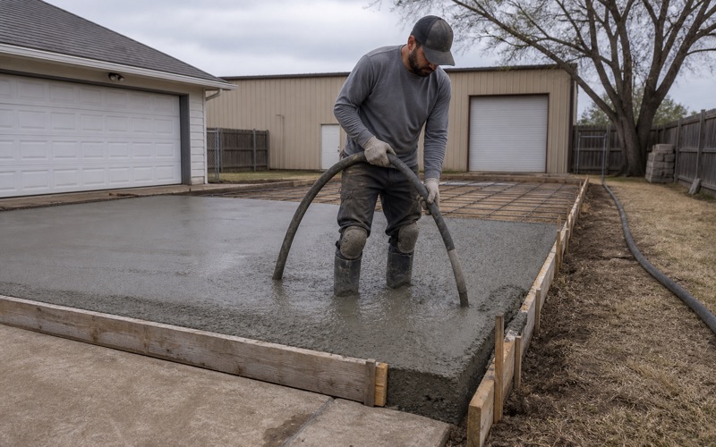 A shop pad being placed in Temple with a concrete vibrator worked down beside the thickened edge form, rebar still visible on the far half.