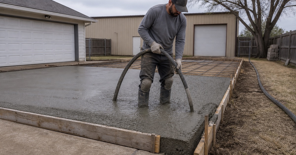 A shop pad being placed in Temple with a concrete vibrator worked down beside the thickened edge form, rebar still visible on the far half.
