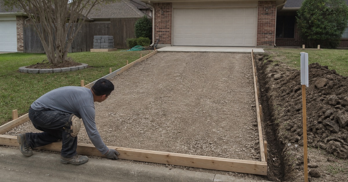 A worker sighting the fall of a formed drive approach in Temple from the curb, forms set and base in but nothing poured.
