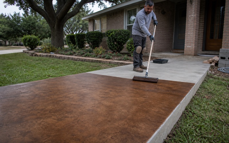 Acid stain being drawn across a cured entry landing in Temple with a long-handled applicator, the stained half meeting the pale bare half.